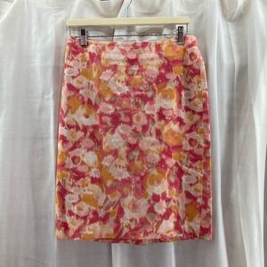 Talbots Floral Print Pencil Skirt Career Office Pink Orange Cotton Blend‎